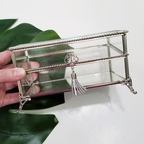Ornate Mirrored Silver Glass Trinket Jewelry Box